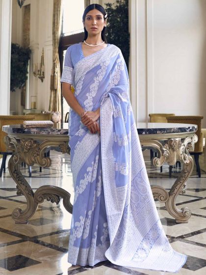 Blue Colour Silk Fabric Weaving Saree.
