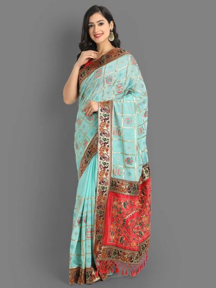 Blue Colour Silk Saree With Embroidery Work.