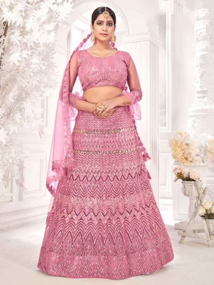 Pink Colour Net Fabric Wedding Lehenga Choli.
