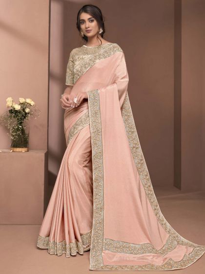 Peach Colour Silk,Chiffon Saree.