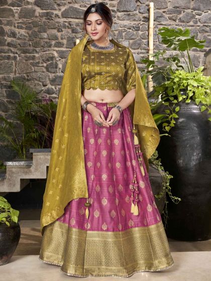 Pink Colour Weaving Work Lehenga Choli.