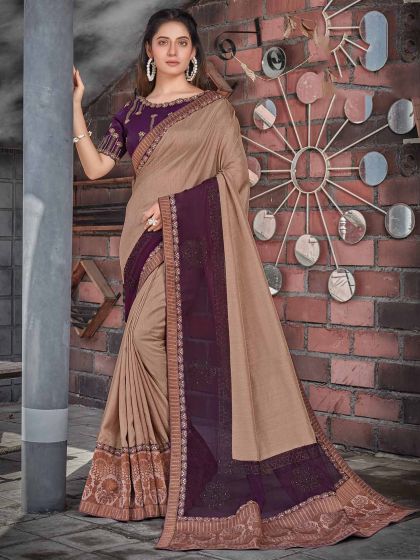 Brown,Purple Colour Georgette,Silk Fabric Women Saree.