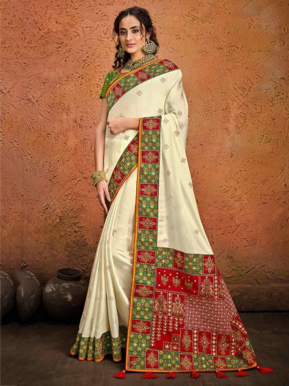 Cream Colour Indian Designer Saree in Satin Fabric.