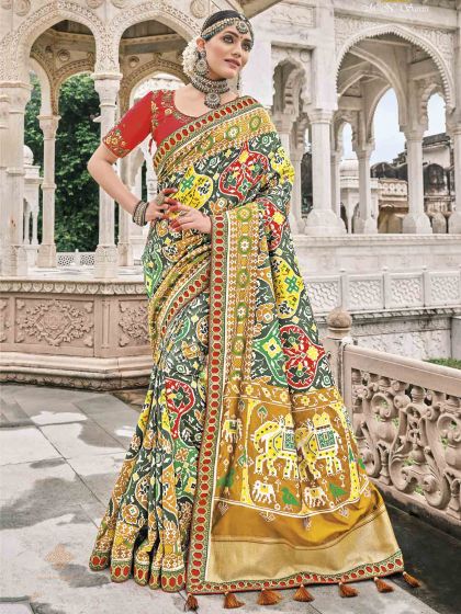 Green,Golden Colour Silk Fabric in Hand Work.