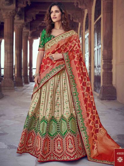 Cream,Red Colour Banglori Silk Fabric Lehenga With Zari,Weaving,Hand Work.