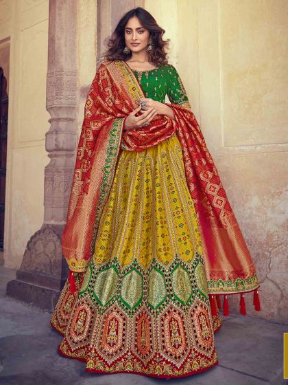 Yellow,Red Colour Banglori Silk Fabric Lehenga Choli.