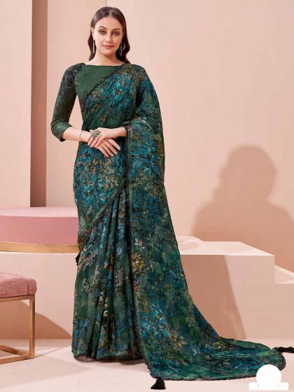 Green,Blue Colour Brasso Fabric Designer Saree.