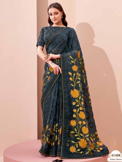 Black Colour Brasso Fabric Party Wear Saree.