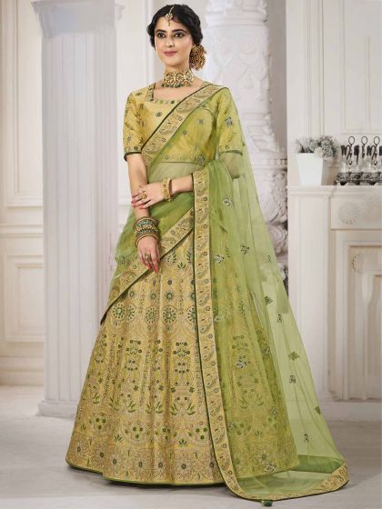 Green,Golden Colour Silk Lehenga Choli.