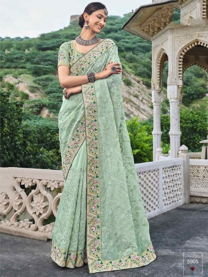 Mint Green Colour Organza Fabric Indian Designer Saree.
