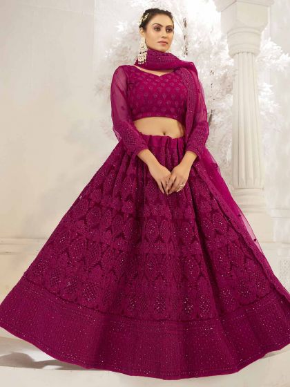 Wine Colour Net,Silk Fabric Lehenga Choli.