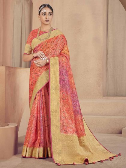 Orange Colour Raw Silk Fabric Bandhani Saree.