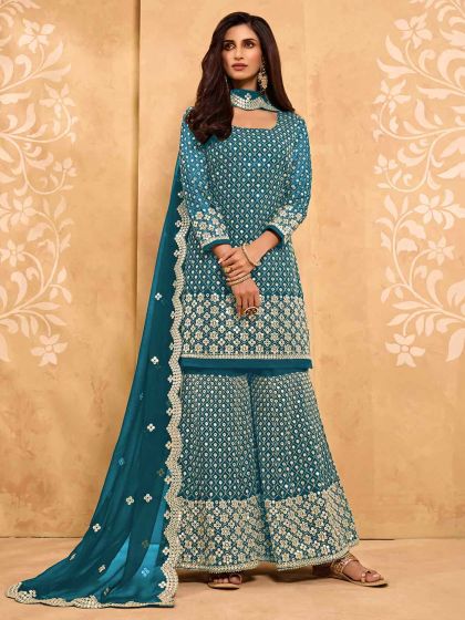 Georgette Fabric Sharara Suit Blue Colour in Zari Work.