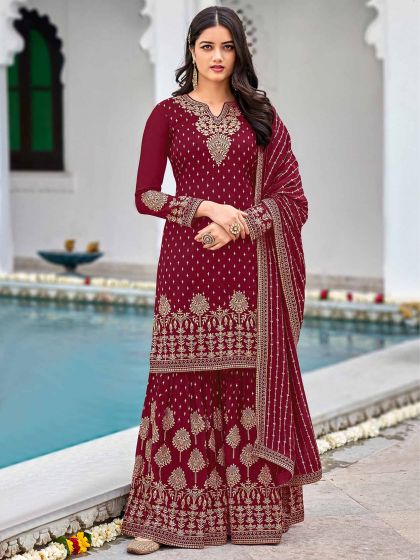 Maroon Colour Designer Sharara Salwar Suit in Georgette Fabric.