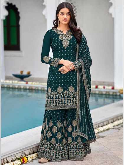 Rama Green Colour Sharara Salwar Suit.