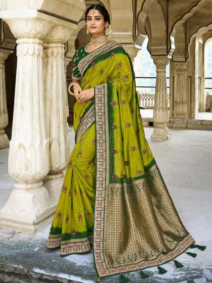 Green Colour Raw Silk Fabric Indian Women Saree.