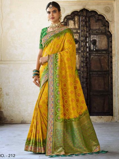 Designer Wedding Saree Yellow Colour Raw Silk Fabric.