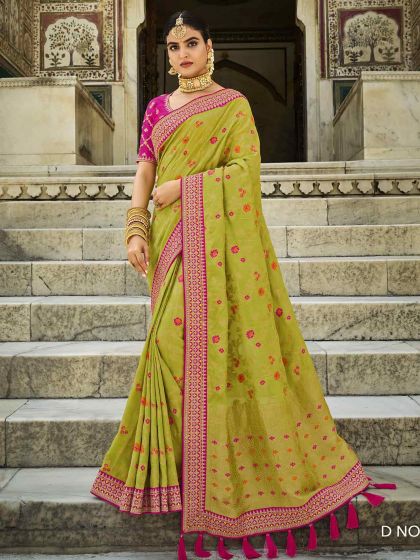 Green Colour Raw Silk Fabric Indian Traditional Saree.
