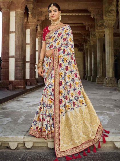 Cream Colour Raw Silk Fabric Designer Saree.