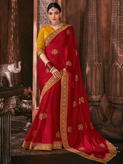 Silk Fabric Designer Bridal Saree Red Colour.