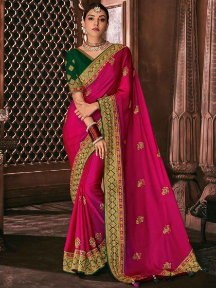 Rani Pink Colour Silk Fabric Wedding Saree.