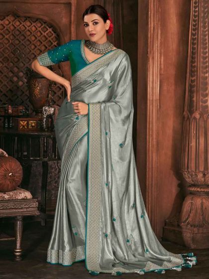 Grey Colour Silk Party Wear Saree.