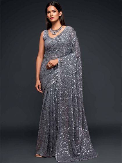 Grey Colour Georgette Fabric Saree.