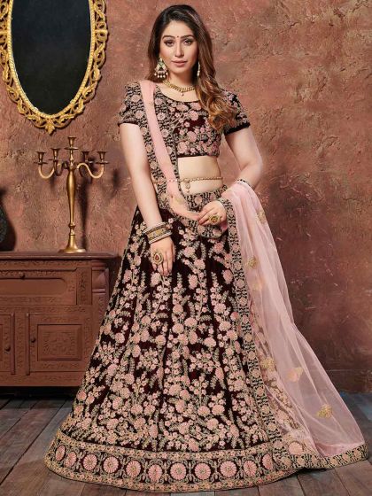 Maroon Colour Velvet Fabric Wedding Lehenga Choli.