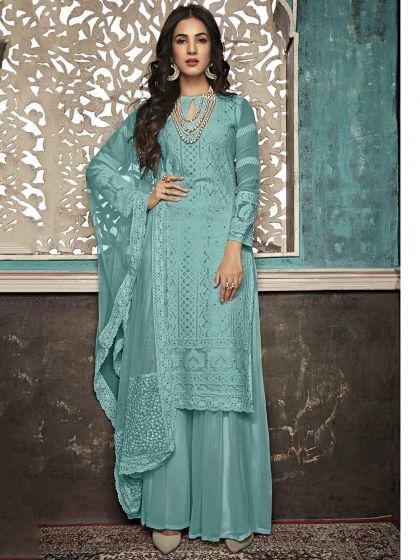 Turquoise Colour Georgette Fabric Sharara Salwar Kameez.