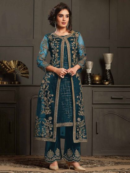 Rama Green Colour Party Wear Salwar Suit in Net Fabric.