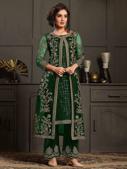 Green Colour Net Fabric Women Salwar Kameez.