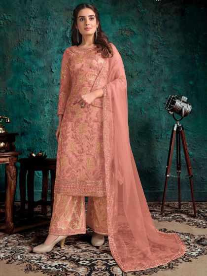 Net Fabric Palazzo Salwar Suit Rust Colour.