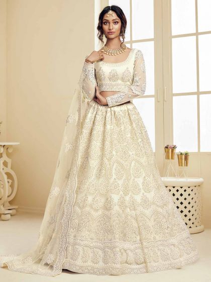 Net Fabric Indian Wedding Lehenga Choli Off White Colour.