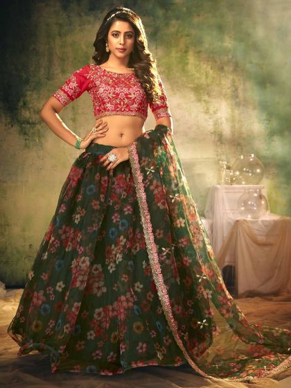 Designer Lehenga Choli Green Colour in Organza Fabric.