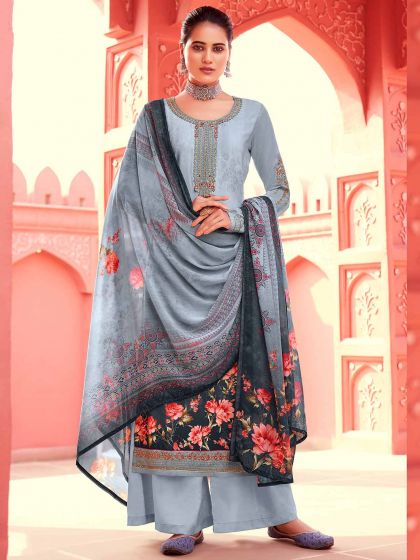 Grey Colour Crepe Fabric Palazzo Salwar Suit.