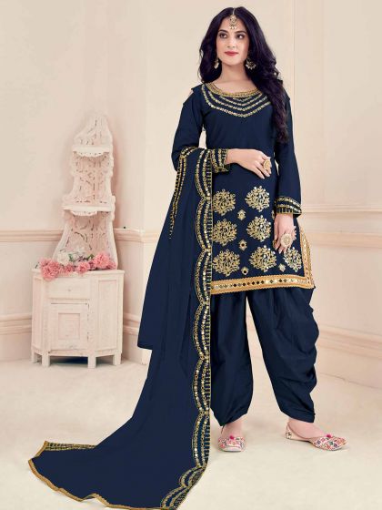 Blue Colour Patiala Salwar Suit in Silk Fabric.