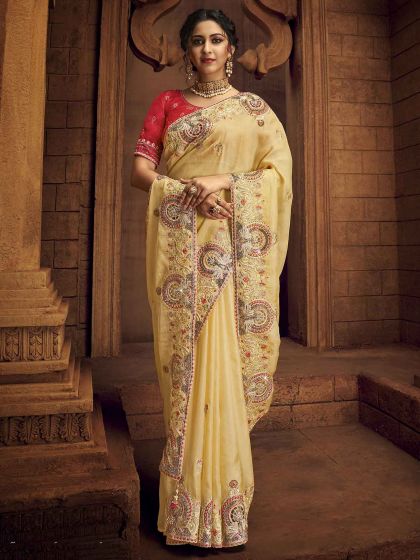 Golden Colour Organza,Net Fabric Indian Wedding Saree.