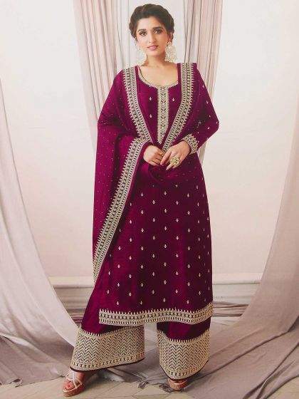 Wine Colour Party Wear Salwar Kameez in Art Silk Fabric.