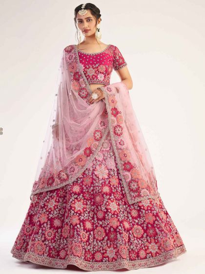 Rani Pink Colour Net Fabric Indian Wedding Lehenga Choli.