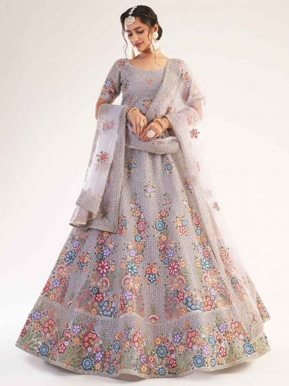 Grey Colour Designer Lehenga Choli in Net Fabric.