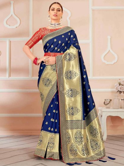 Blue Colour Banarasi Silk Fabric Designer Saree.