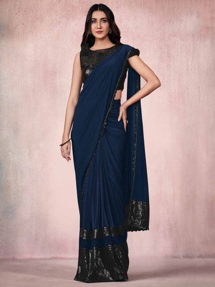 Blue Colour Lycra Fabric Party Wear Saree.