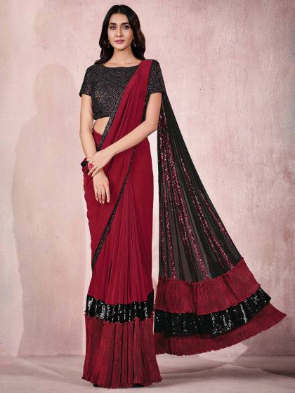 Elegant Red Colour Lycra Fabric Designer Saree.