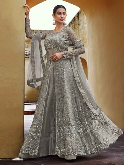 Grey Colour Banglori Silk Fabric Designer Salwar Suit.