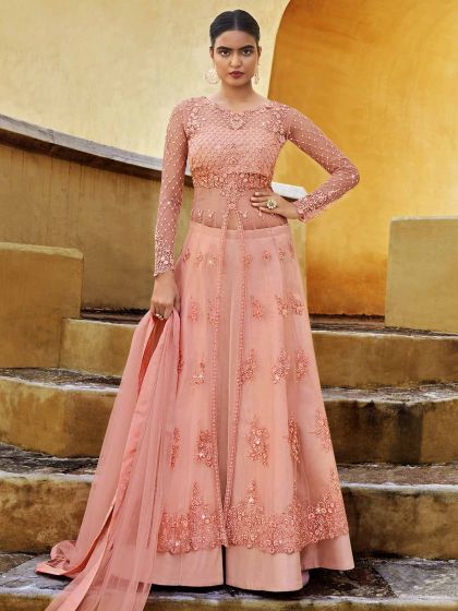 Banglori Silk Fabric Anarkali Salwar Suit Peach Colour.