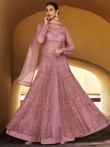 Pink Colour Party Wear Salwar Suit in Banglori Silk Fabric.