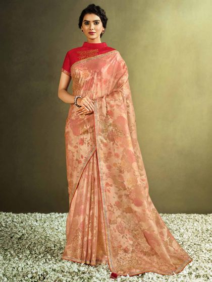 Rust Colour Printed Saree in Tissue Fabric.