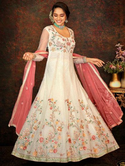 Buy Off White Net Embroidered Salwar Suit Online USA