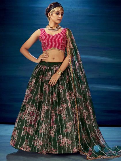 Dark Green Colour Party Wear Lehenga Choli in Organza Fabric.
