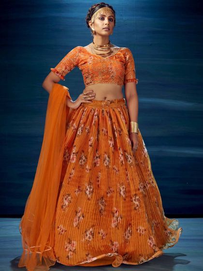 Orange Colour Digital Print Lehenga Choli in Organza Fabric.